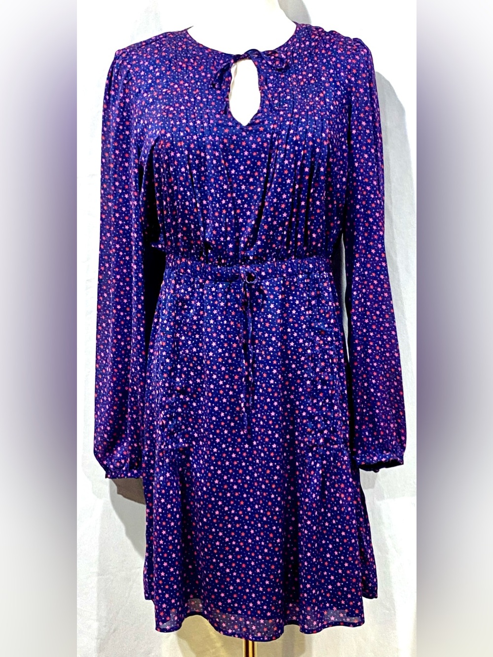 Vineyard Vines Navy Long-Sleeve Midi Dress Pleated Star Print Design Size XS